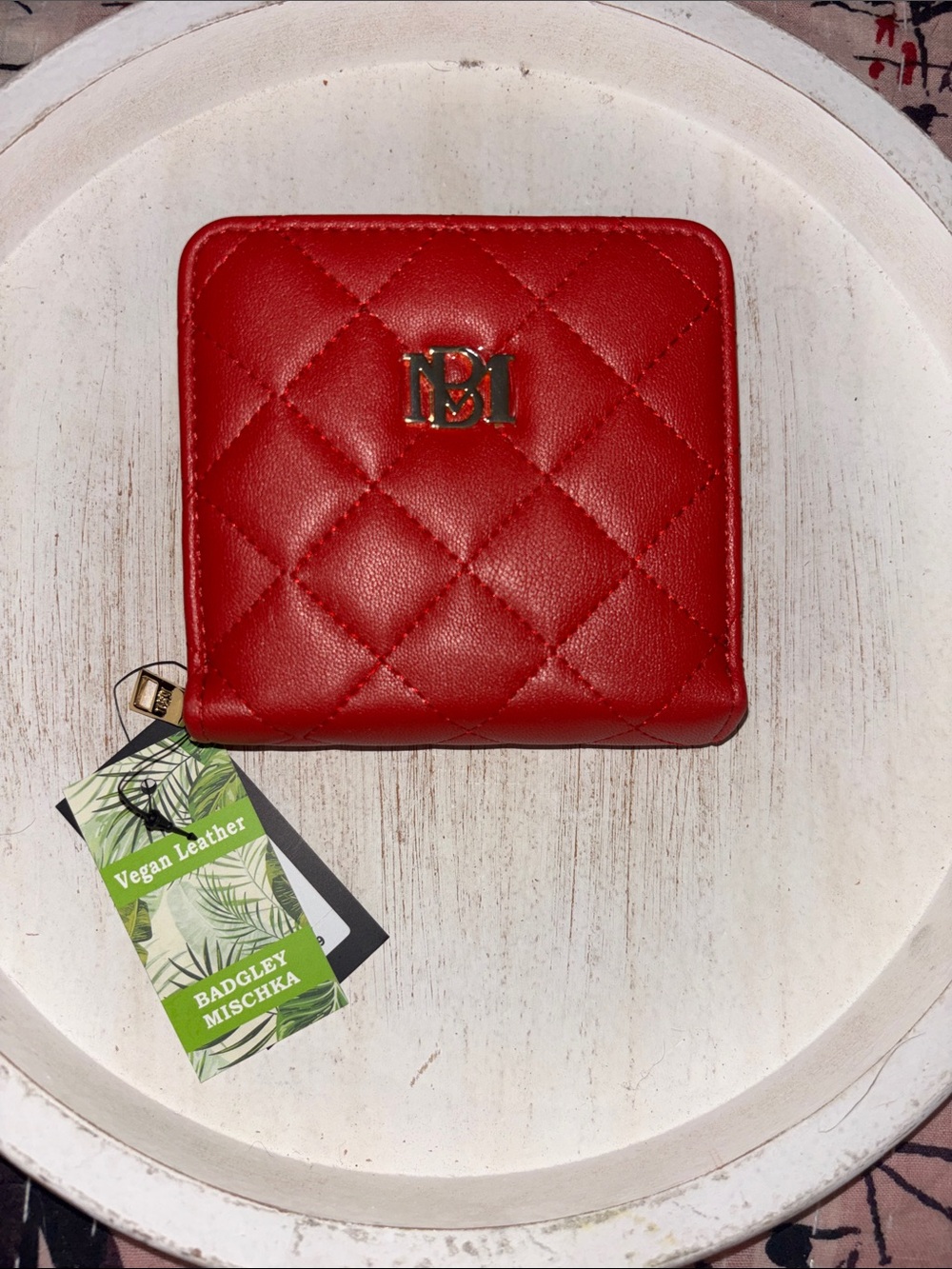 Badgley Mischka Quilted Red Vegan Leather Zip Card Wallet with Gold Logo